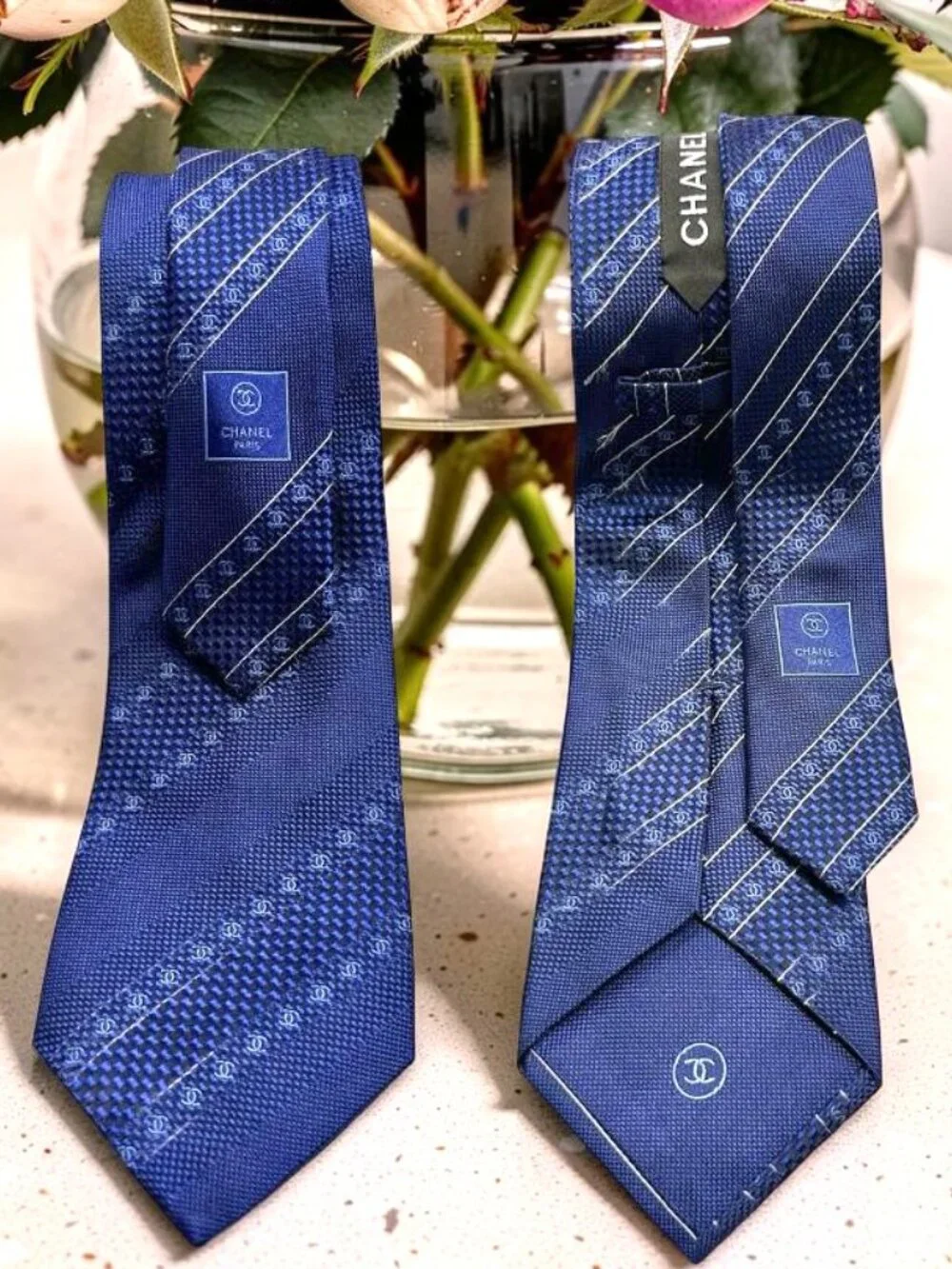 Classic Chanel Paris 100% Silk Necktie Blue Striped Logo Printed Italy Made(2) - Picture 6 of 15